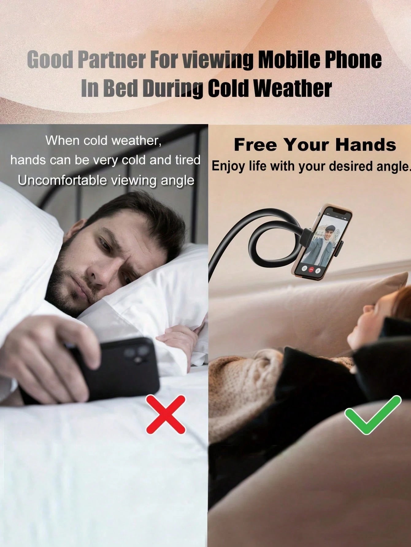 360° Rotatable Bedside Phone Holder, Hands-Free, Stable, Soft Grip Long Arm Clamp Phone Stand