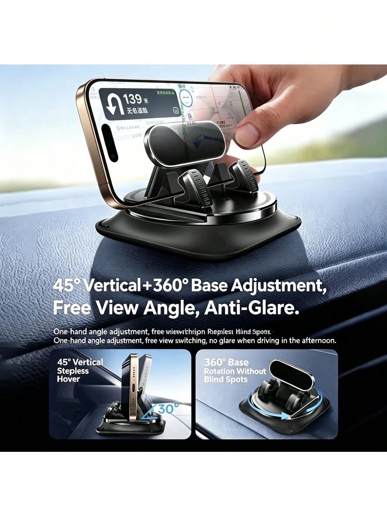 360° Rotatable Car Phone Holder With ABS & Non-Slip Base, Adjustable Dashboard/Desk/ Use Compatible For IPhone & Android Smartphones- Rotating Arm For Hands-Free Driving, Navigation, Video Calls And