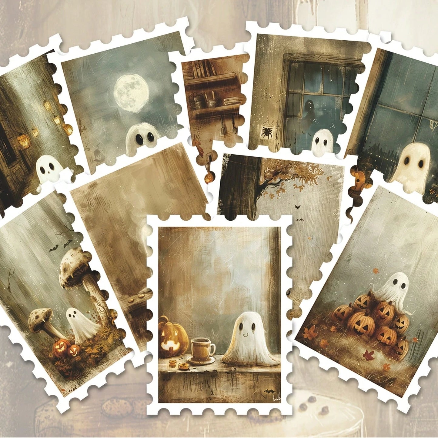 36pcs Vintage Halloween Ghost Pumpkin Postage Stamp Style Stickers, Antique Matte Tone, Spooky Cute Ghost, Full Moon, Jack-O'-Lantern, Mushroom, Bat Window House Decoration Design, Suitable For Junk J