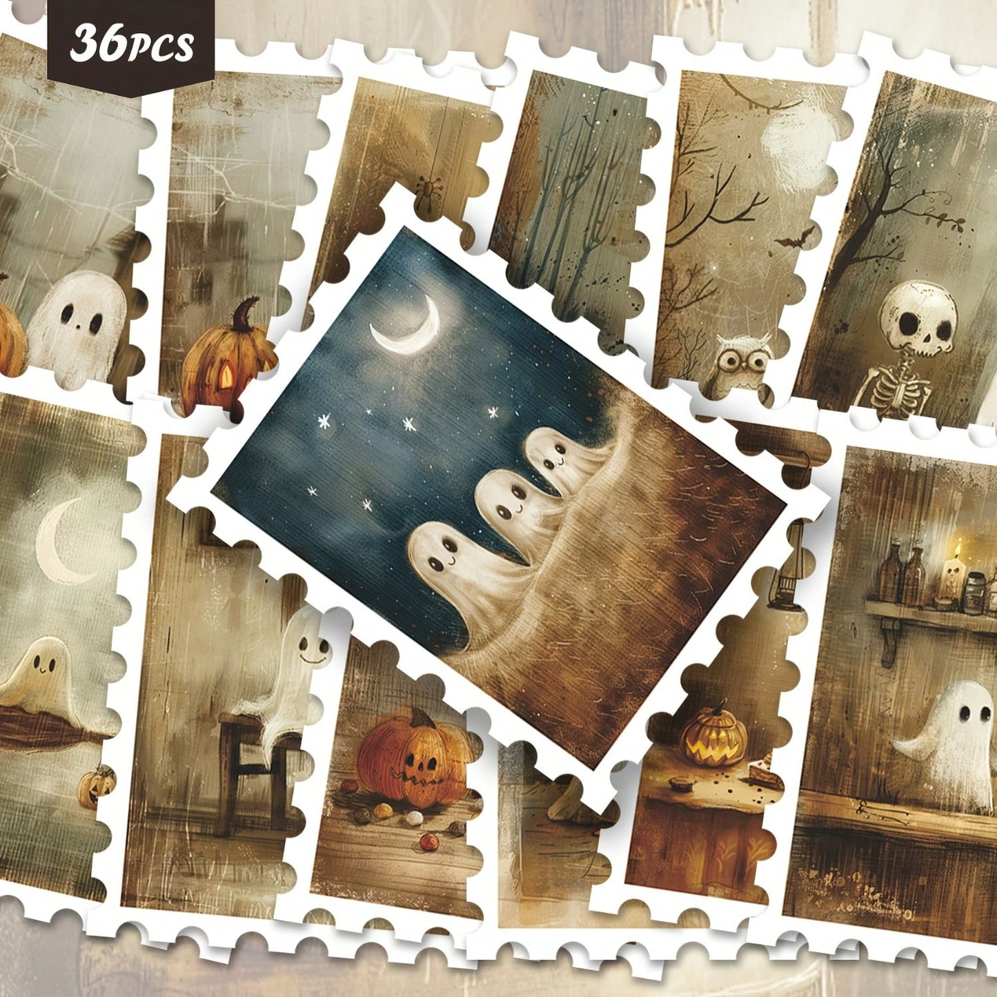 36pcs Vintage Halloween Ghost Pumpkin Postage Stamp Style Stickers, Antique Matte Tone, Spooky Cute Ghost, Full Moon, Jack-O'-Lantern, Mushroom, Bat Window House Decoration Design, Suitable For Junk J