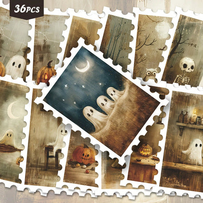 36pcs Vintage Halloween Ghost Pumpkin Postage Stamp Style Stickers, Antique Matte Tone, Spooky Cute Ghost, Full Moon, Jack-O'-Lantern, Mushroom, Bat Window House Decoration Design, Suitable For Junk J