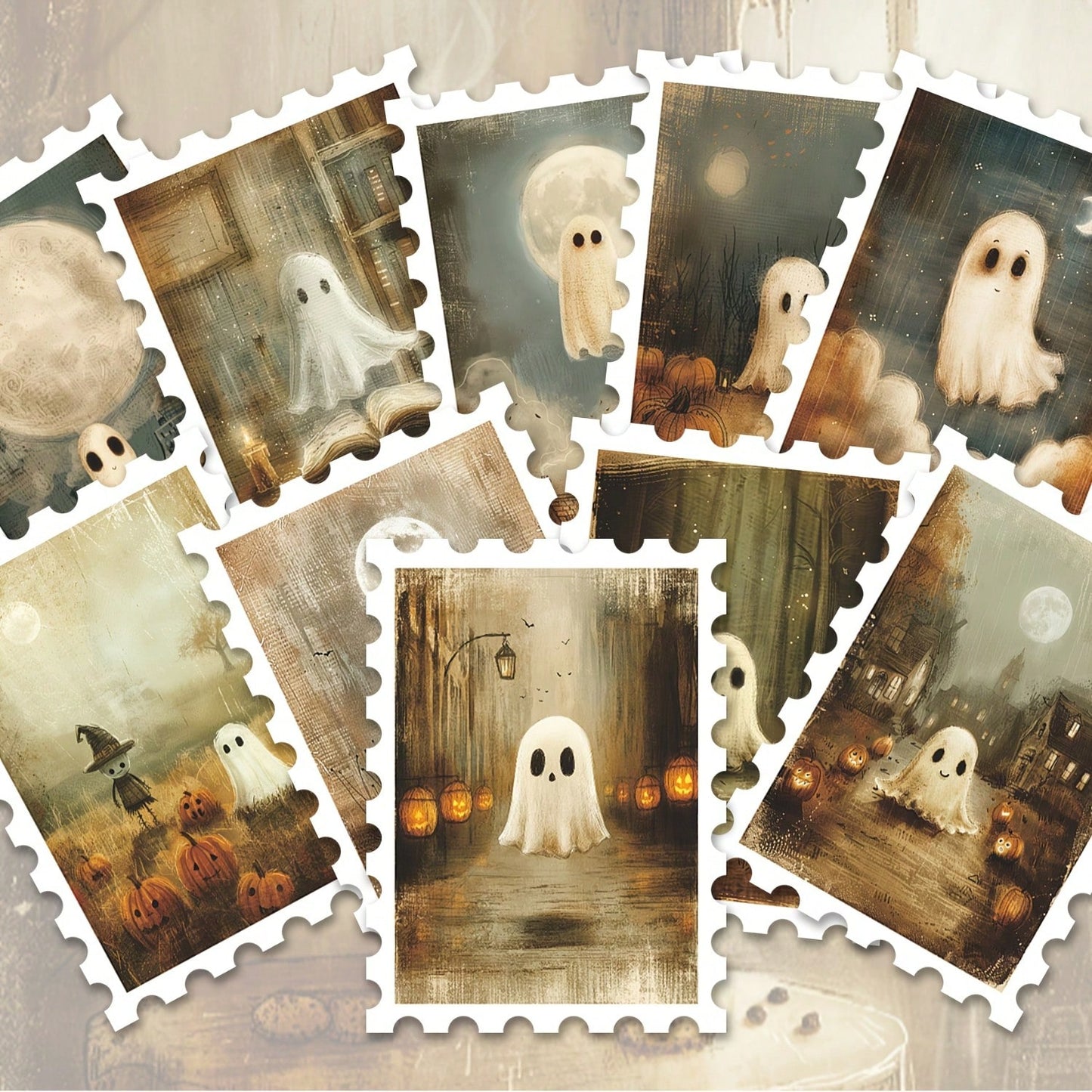 36pcs Vintage Halloween Ghost Pumpkin Postage Stamp Style Stickers, Antique Matte Tone, Spooky Cute Ghost, Full Moon, Jack-O'-Lantern, Mushroom, Bat Window House Decoration Design, Suitable For Junk J