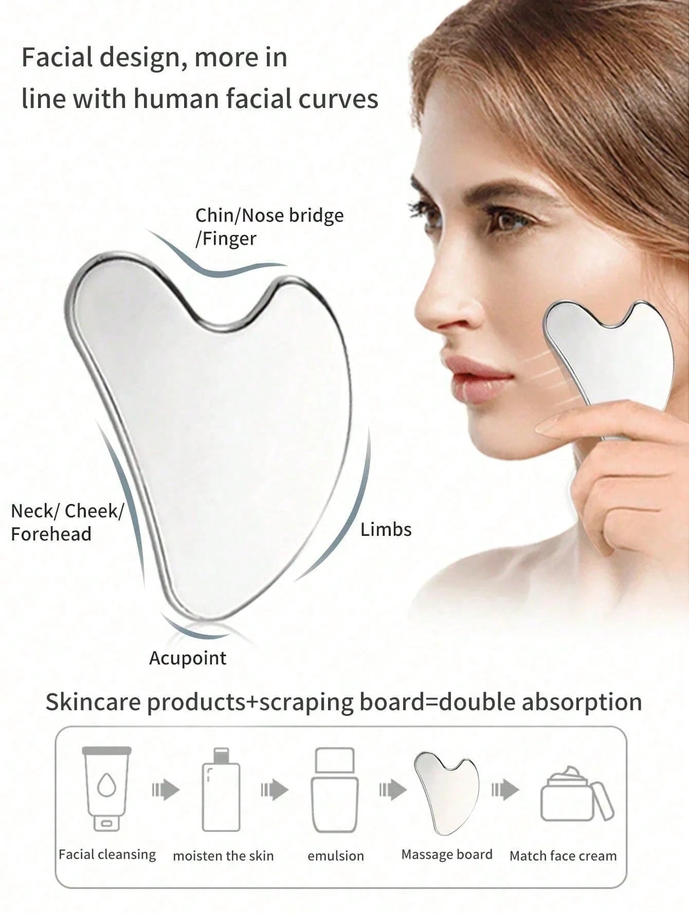 3pcs/2PCS Facial Skincare Massage Set- Lymphatic Contour Facial Brush, Stainless Steel Heart-Shaped Gua Sha Tool, Dry Facial Brush, Face, Chin And Jaw Lymphatic Drainage Massager, Stainless Steel Fac