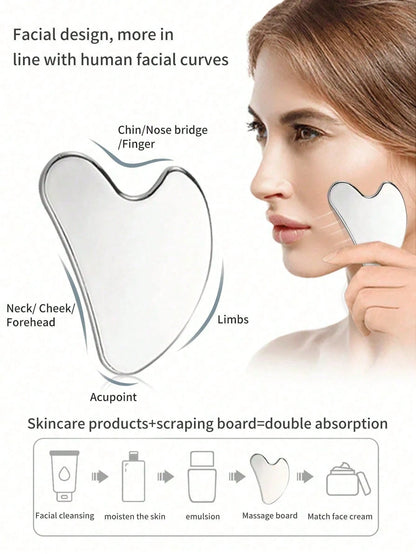 3pcs/2PCS Facial Skincare Massage Set- Lymphatic Contour Facial Brush, Stainless Steel Heart-Shaped Gua Sha Tool, Dry Facial Brush, Face, Chin And Jaw Lymphatic Drainage Massager, Stainless Steel Fac