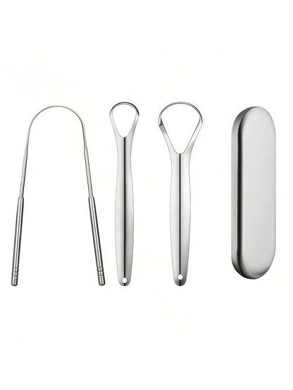 3pcs/2pcs Set Stainless Steel Tongue Scraper, For Removing Tongue Coating & Reducing Bad Breath, Oral Hygiene Tool, Easy To Use Oral Cleaning Kit