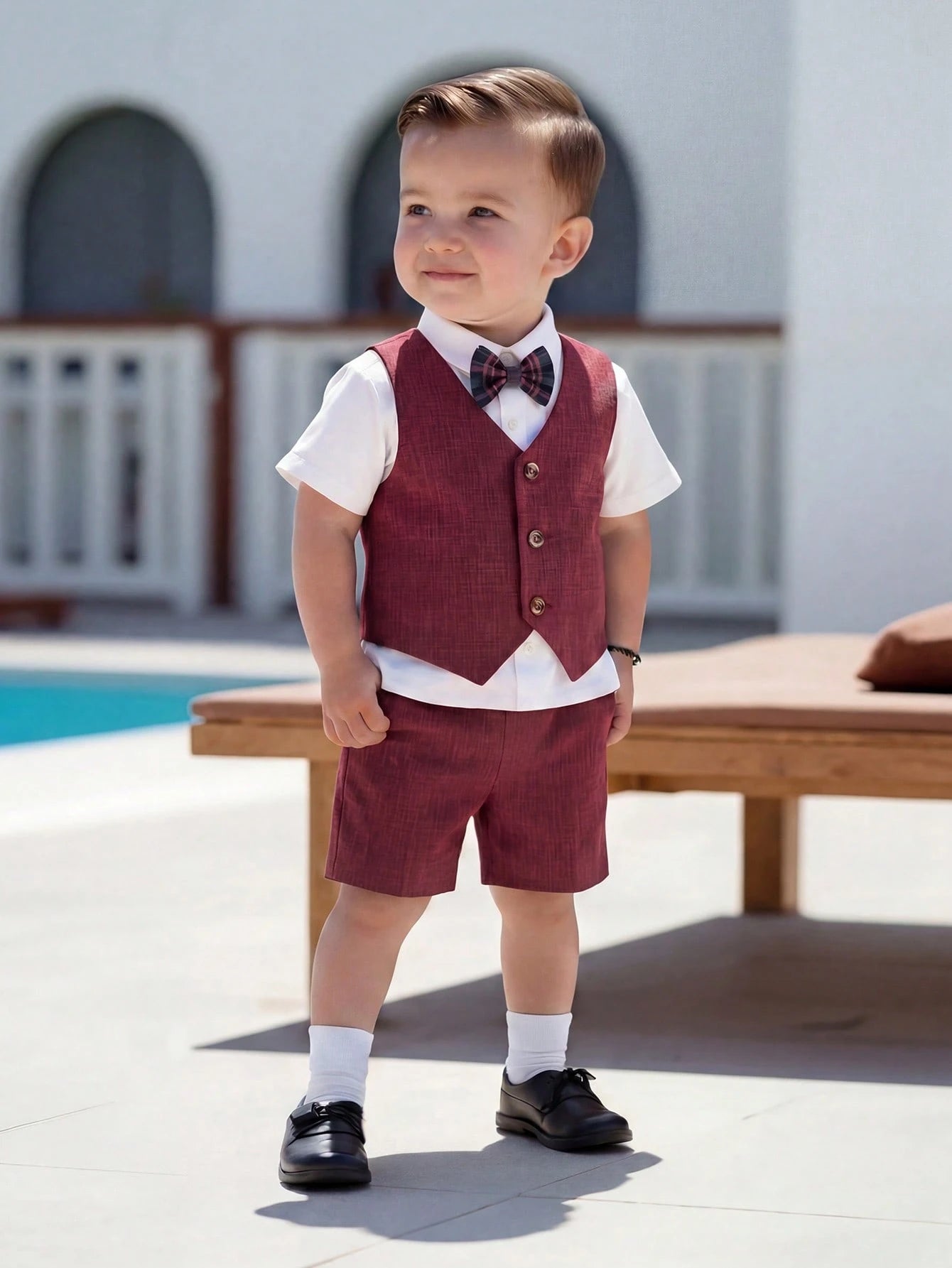 3pcs Baby Boy Burgundy Suit,Summer Casual Elegant Wedding Guest Outfit,Sleeveless V Neck Vest,Bow Tie&Shorts Set,Toddler Formal Wear Ring Bearer Suit