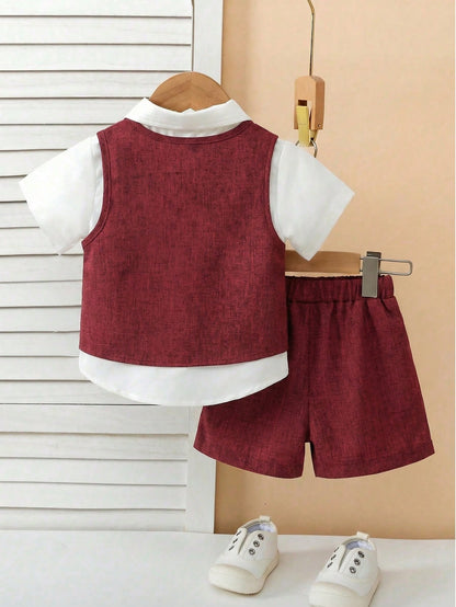 3pcs Baby Boy Burgundy Suit,Summer Casual Elegant Wedding Guest Outfit,Sleeveless V Neck Vest,Bow Tie&Shorts Set,Toddler Formal Wear Ring Bearer Suit