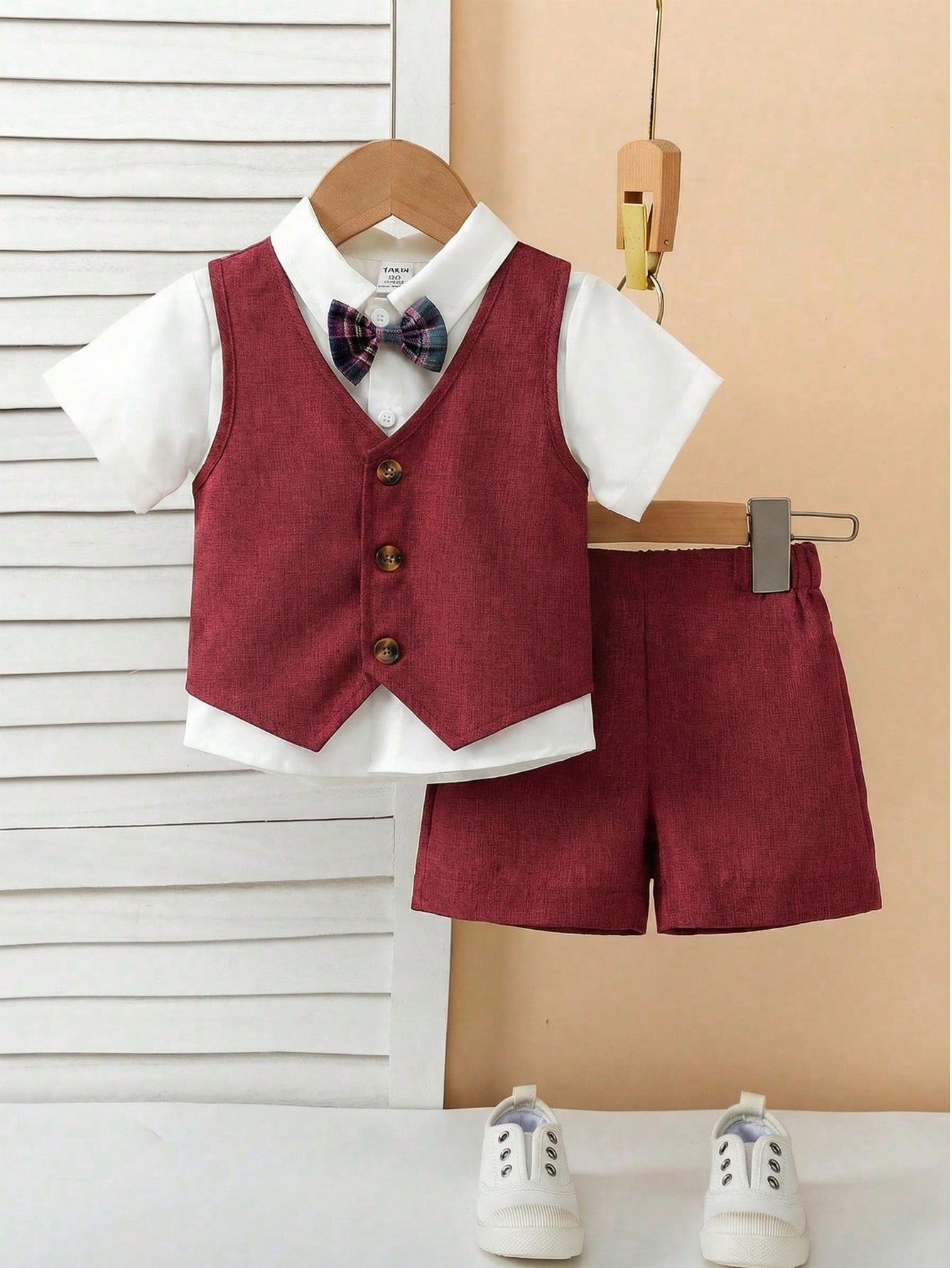 3pcs Baby Boy Burgundy Suit,Summer Casual Elegant Wedding Guest Outfit,Sleeveless V Neck Vest,Bow Tie&Shorts Set,Toddler Formal Wear Ring Bearer Suit