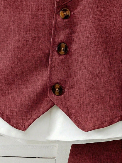 3pcs Baby Boy Burgundy Suit,Summer Casual Elegant Wedding Guest Outfit,Sleeveless V Neck Vest,Bow Tie&Shorts Set,Toddler Formal Wear Ring Bearer Suit