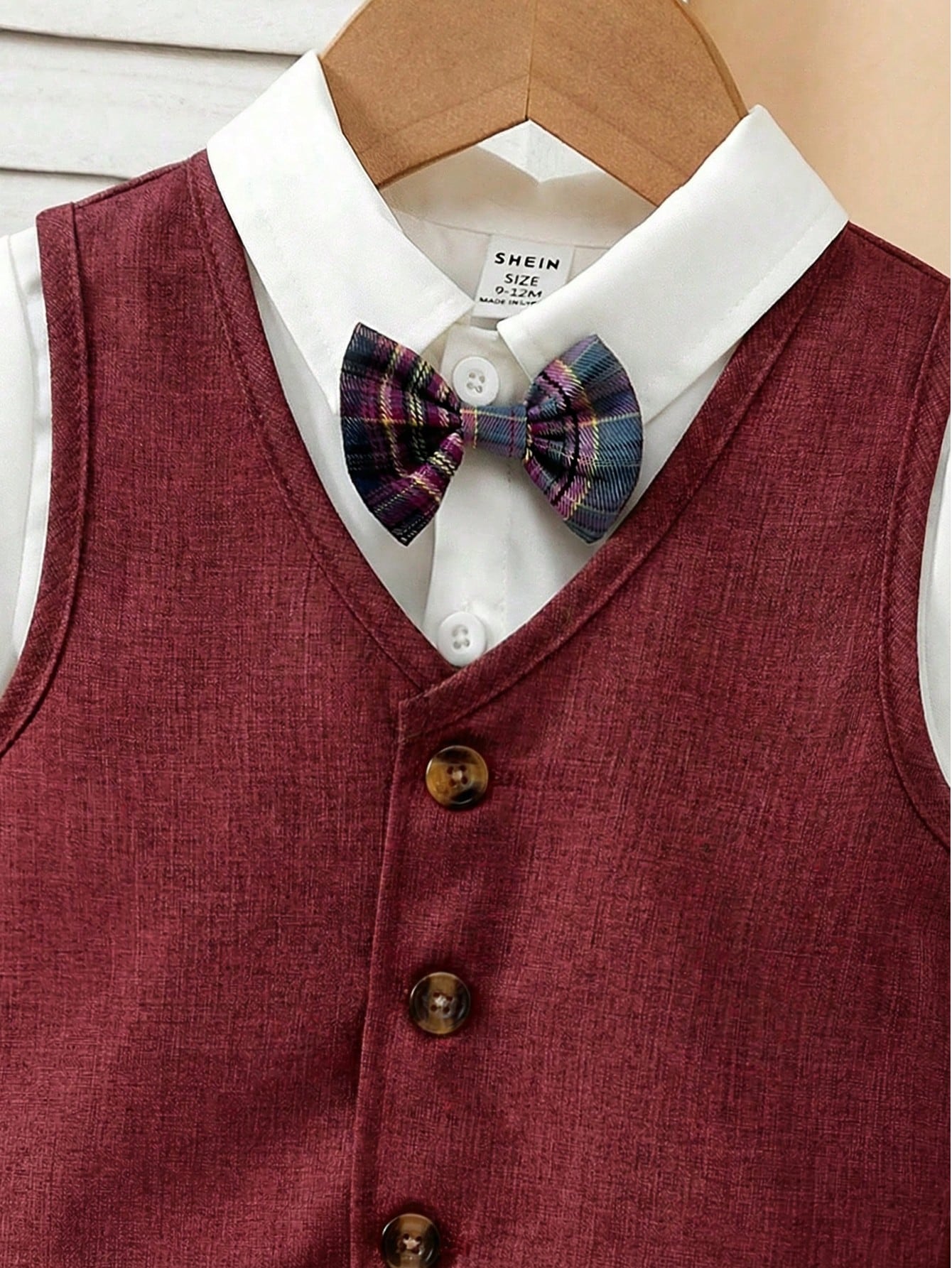 3pcs Baby Boy Burgundy Suit,Summer Casual Elegant Wedding Guest Outfit,Sleeveless V Neck Vest,Bow Tie&Shorts Set,Toddler Formal Wear Ring Bearer Suit