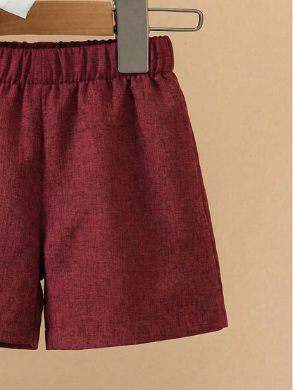 3pcs Baby Boy Burgundy Suit,Summer Casual Elegant Wedding Guest Outfit,Sleeveless V Neck Vest,Bow Tie&Shorts Set,Toddler Formal Wear Ring Bearer Suit