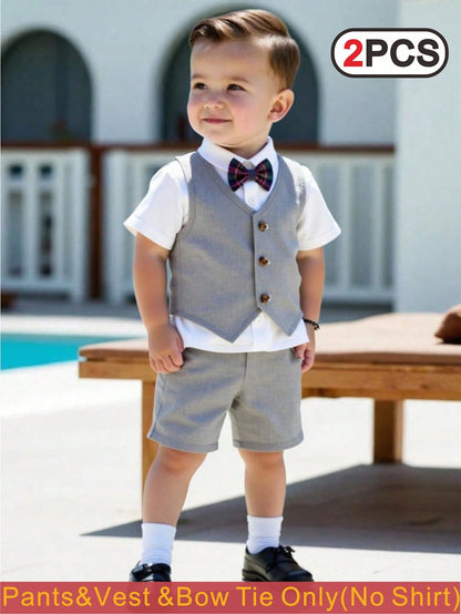 3pcs Baby Boy Burgundy Suit,Summer Casual Elegant Wedding Guest Outfit,Sleeveless V Neck Vest,Bow Tie&Shorts Set,Toddler Formal Wear Ring Bearer Suit