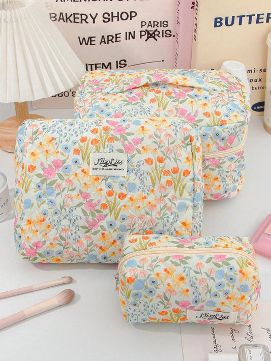 3pcs Colorful Oil Painting Floral Quilted Makeup Bag Set, Soft Diamond Quilted Fabric, 3 Sizes Combination. Smooth Zipper Closure, Dust-Proof And Organized, Can Be Used To Store Skincare And Makeup. F
