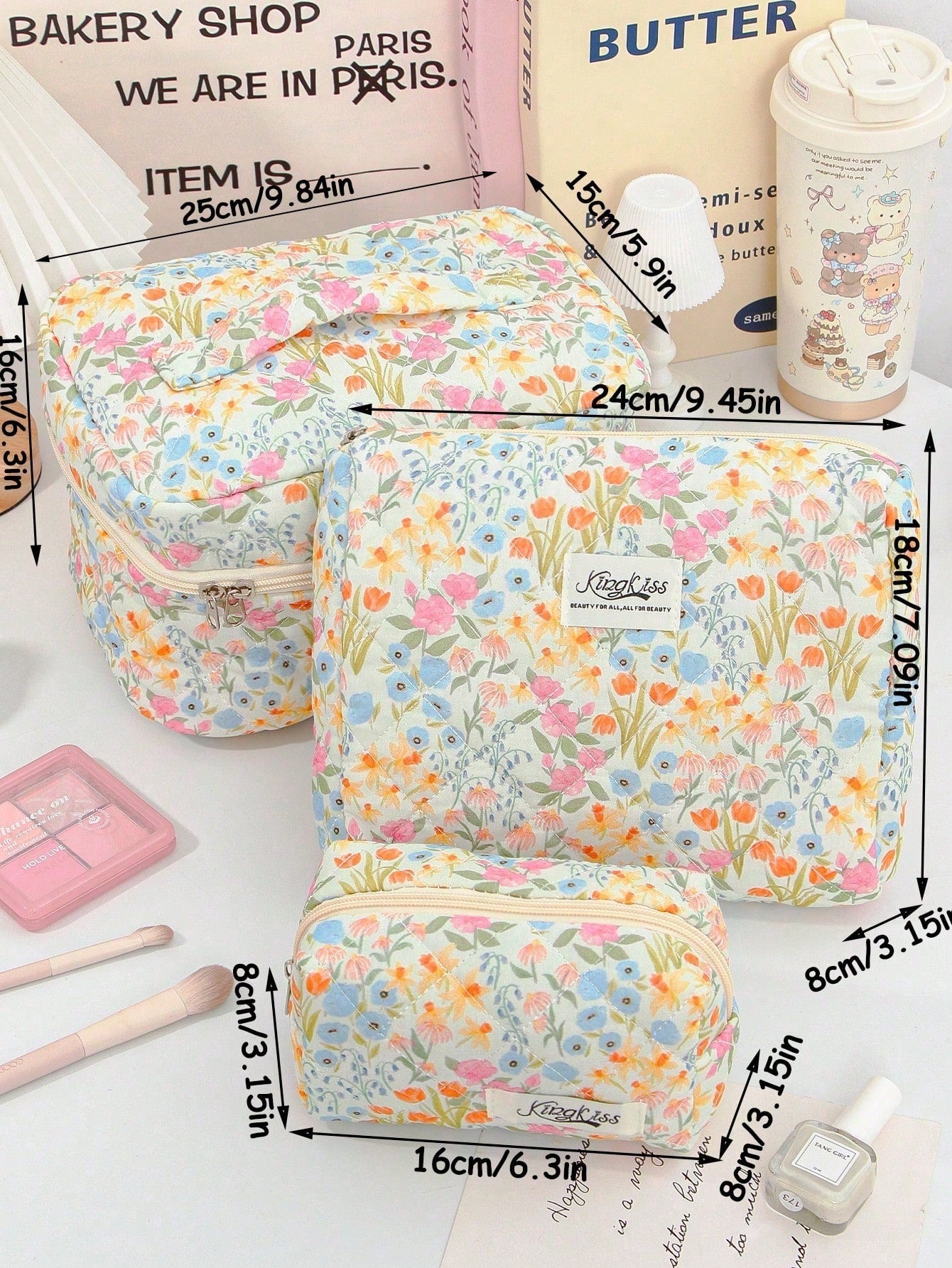 3pcs Colorful Oil Painting Floral Quilted Makeup Bag Set, Soft Diamond Quilted Fabric, 3 Sizes Combination. Smooth Zipper Closure, Dust-Proof And Organized, Can Be Used To Store Skincare And Makeup. F