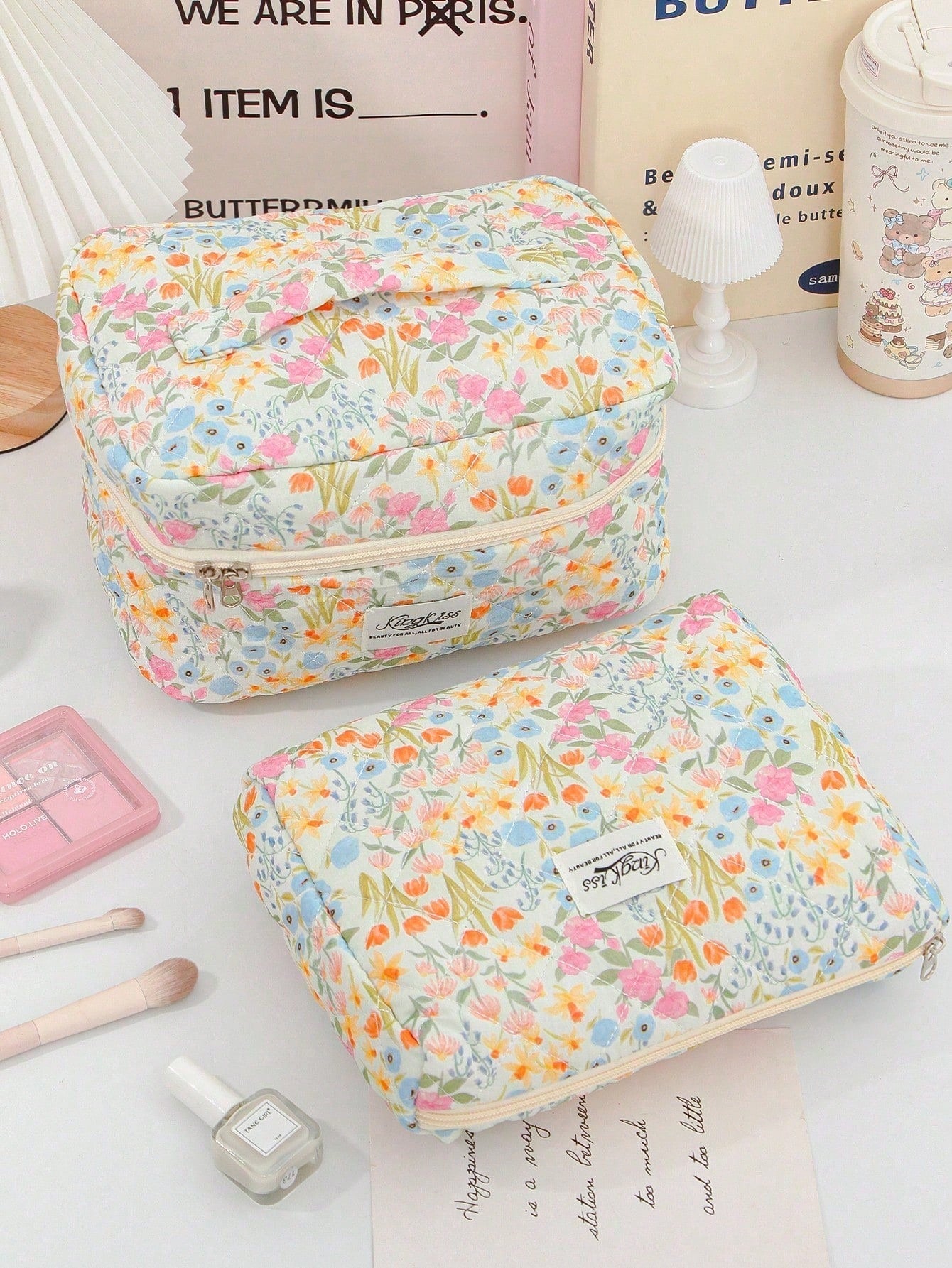 3pcs Colorful Oil Painting Floral Quilted Makeup Bag Set, Soft Diamond Quilted Fabric, 3 Sizes Combination. Smooth Zipper Closure, Dust-Proof And Organized, Can Be Used To Store Skincare And Makeup. F