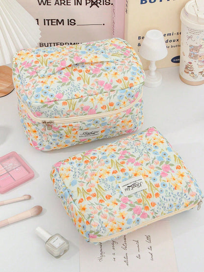 3pcs Colorful Oil Painting Floral Quilted Makeup Bag Set, Soft Diamond Quilted Fabric, 3 Sizes Combination. Smooth Zipper Closure, Dust-Proof And Organized, Can Be Used To Store Skincare And Makeup. F