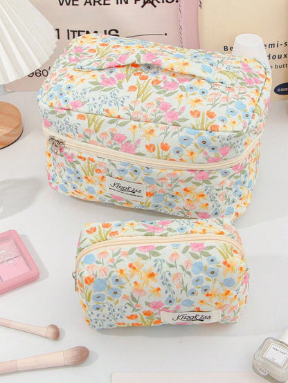 3pcs Colorful Oil Painting Floral Quilted Makeup Bag Set, Soft Diamond Quilted Fabric, 3 Sizes Combination. Smooth Zipper Closure, Dust-Proof And Organized, Can Be Used To Store Skincare And Makeup. F