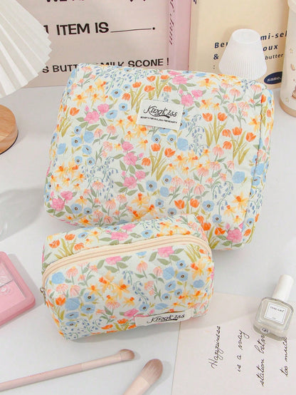 3pcs Colorful Oil Painting Floral Quilted Makeup Bag Set, Soft Diamond Quilted Fabric, 3 Sizes Combination. Smooth Zipper Closure, Dust-Proof And Organized, Can Be Used To Store Skincare And Makeup. F