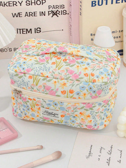 3pcs Colorful Oil Painting Floral Quilted Makeup Bag Set, Soft Diamond Quilted Fabric, 3 Sizes Combination. Smooth Zipper Closure, Dust-Proof And Organized, Can Be Used To Store Skincare And Makeup. F