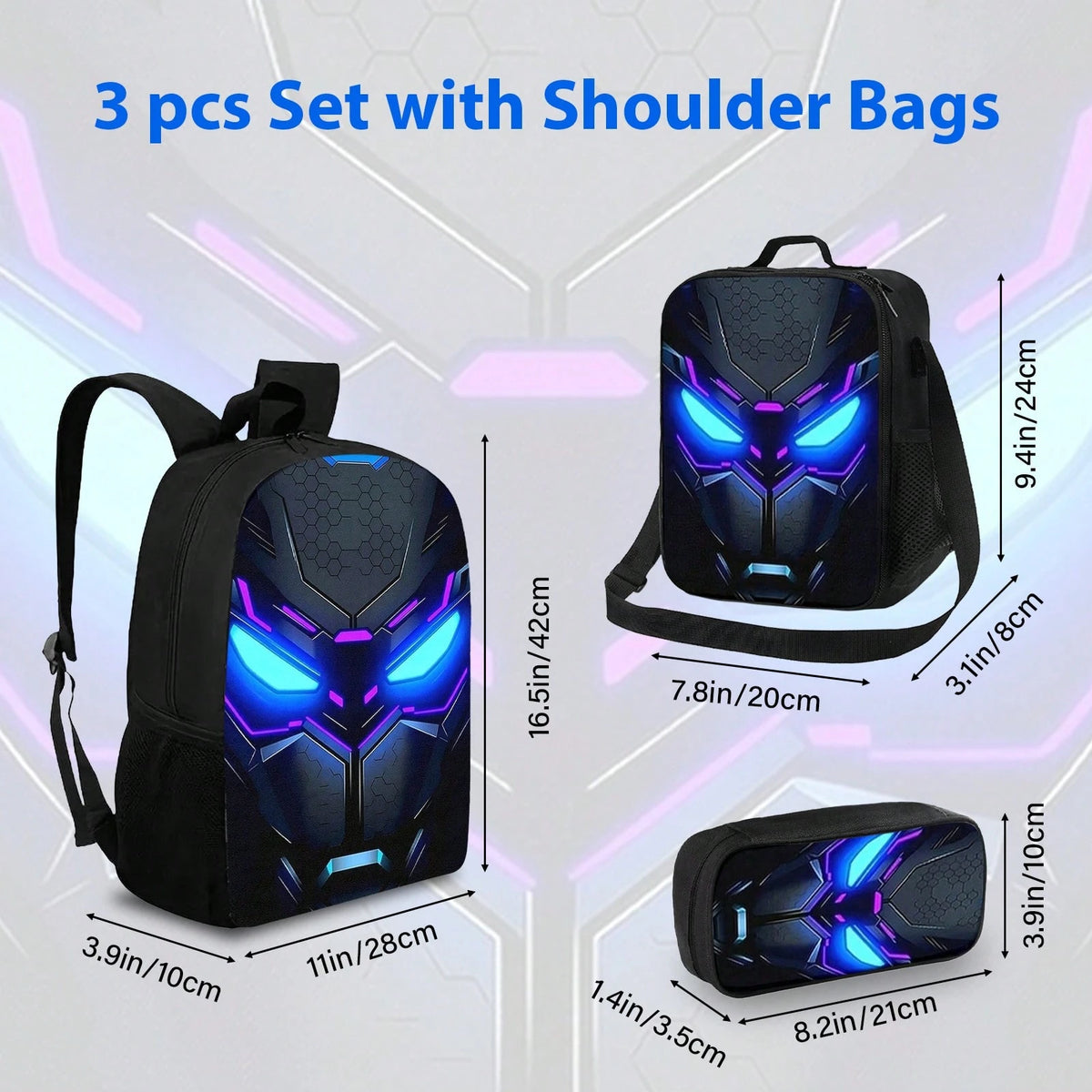 3PCS Cool Mecha Backpack Set, Large Capacity School Bag With Matching Lunch Bag & Pencil Case, Durable Lightweight Bookbag, Daily Use, And Gift