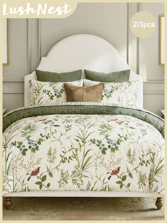 3pcs Green Watercolor Leaf & Bird Print Duvet Cover Set (1 Duvet Cover + 2 Pillow Shams, Comforter Not Included), Made Of High-Quality Polyester Fabric, Soft & Skin-Friendly, Lightweight & Breathable
