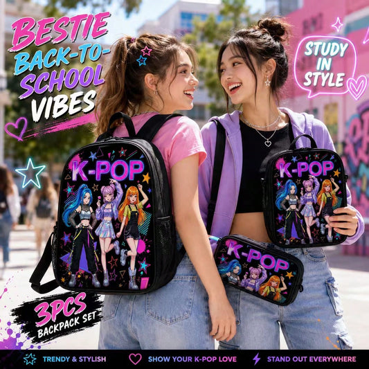 3PCS K-Pop Inspired Girl Group Graphic Backpack Set, School Backpack With Lunch Bag & Pencil Case, Colorful Y2K Style Bookbag For Teen Girls, Back To School, Daily Study, Travel & Gift