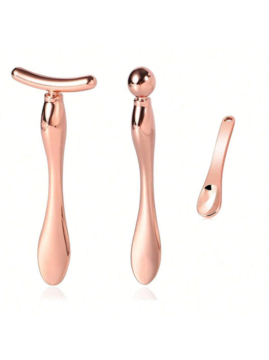 3pcs Metal Eye Cream Applicator Set, Eye Roller Massage Wand And Makeup Cream Spoon, Facial Massager For Reducing Puffiness, Wrinkles And Dark Circles