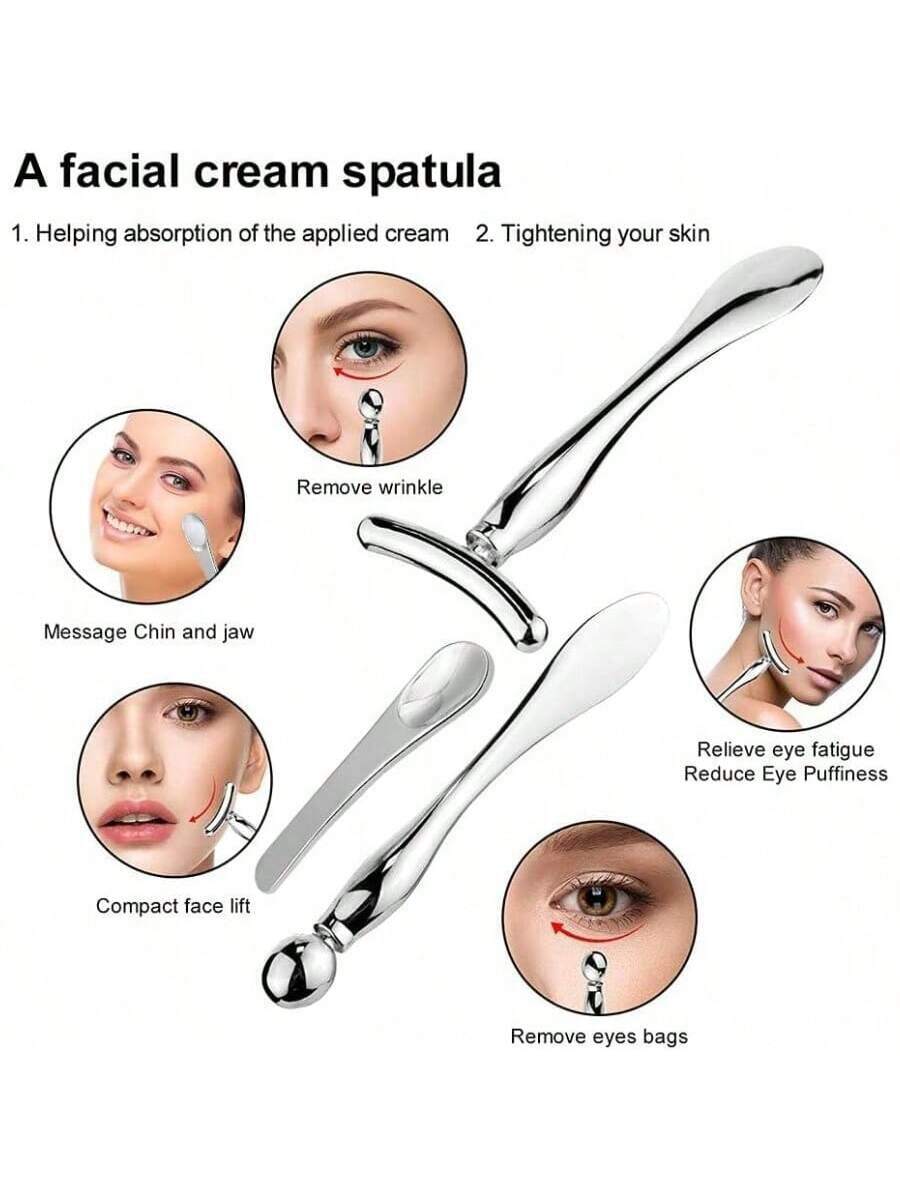 3pcs Metal Eye Cream Applicator Set, Eye Roller Massage Wand And Makeup Cream Spoon, Facial Massager For Reducing Puffiness, Wrinkles And Dark Circles