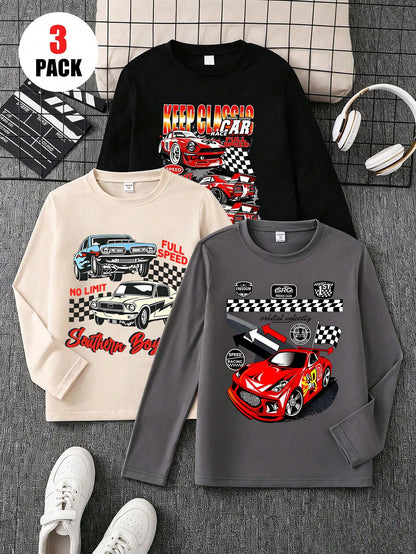 3pcs Newborn Baby Casual Racing Theme Print Long Sleeve T-Shirt Set, Suitable For Party, School, Campus And Outings