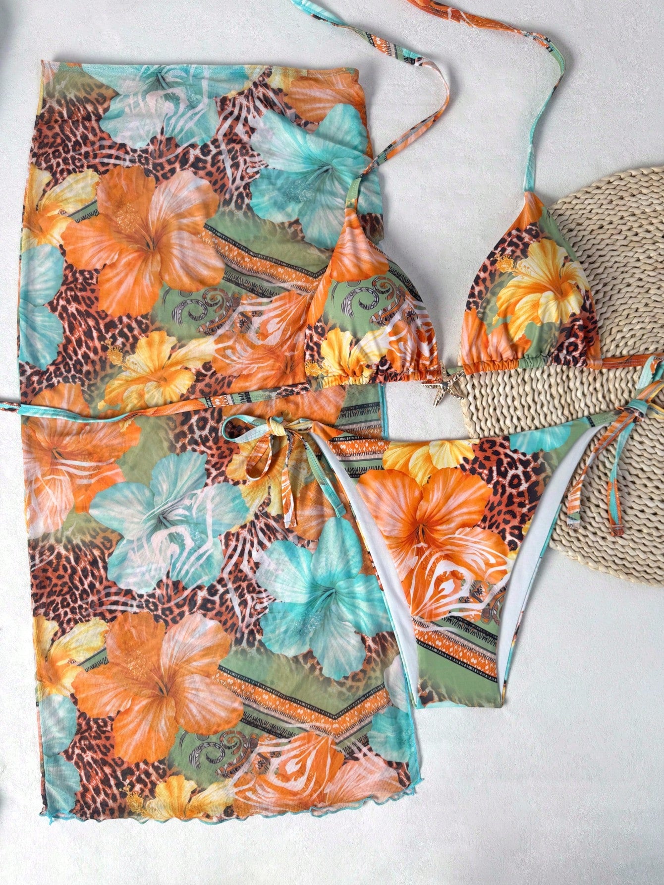 3pcs Plus Size Leopard Print Patchwork Sexy Swimwear Set, Metal Starfish Decor, Removable Padding, Women Summer Dress, Women Summer Clothing, Festival, Skirt, Ibiza Set, Women Swimwear, Bikini Set Vac