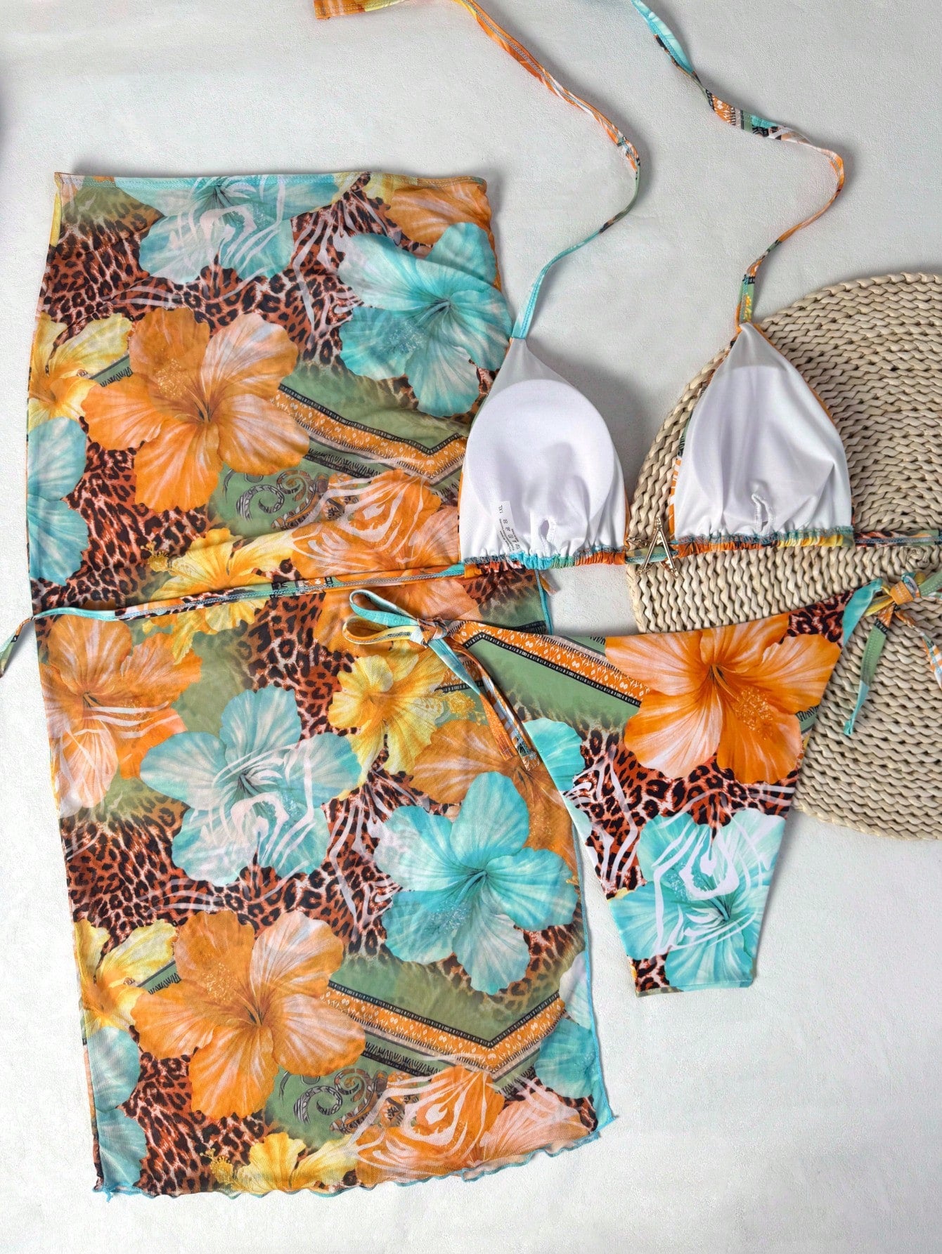 3pcs Plus Size Leopard Print Patchwork Sexy Swimwear Set, Metal Starfish Decor, Removable Padding, Women Summer Dress, Women Summer Clothing, Festival, Skirt, Ibiza Set, Women Swimwear, Bikini Set Vac