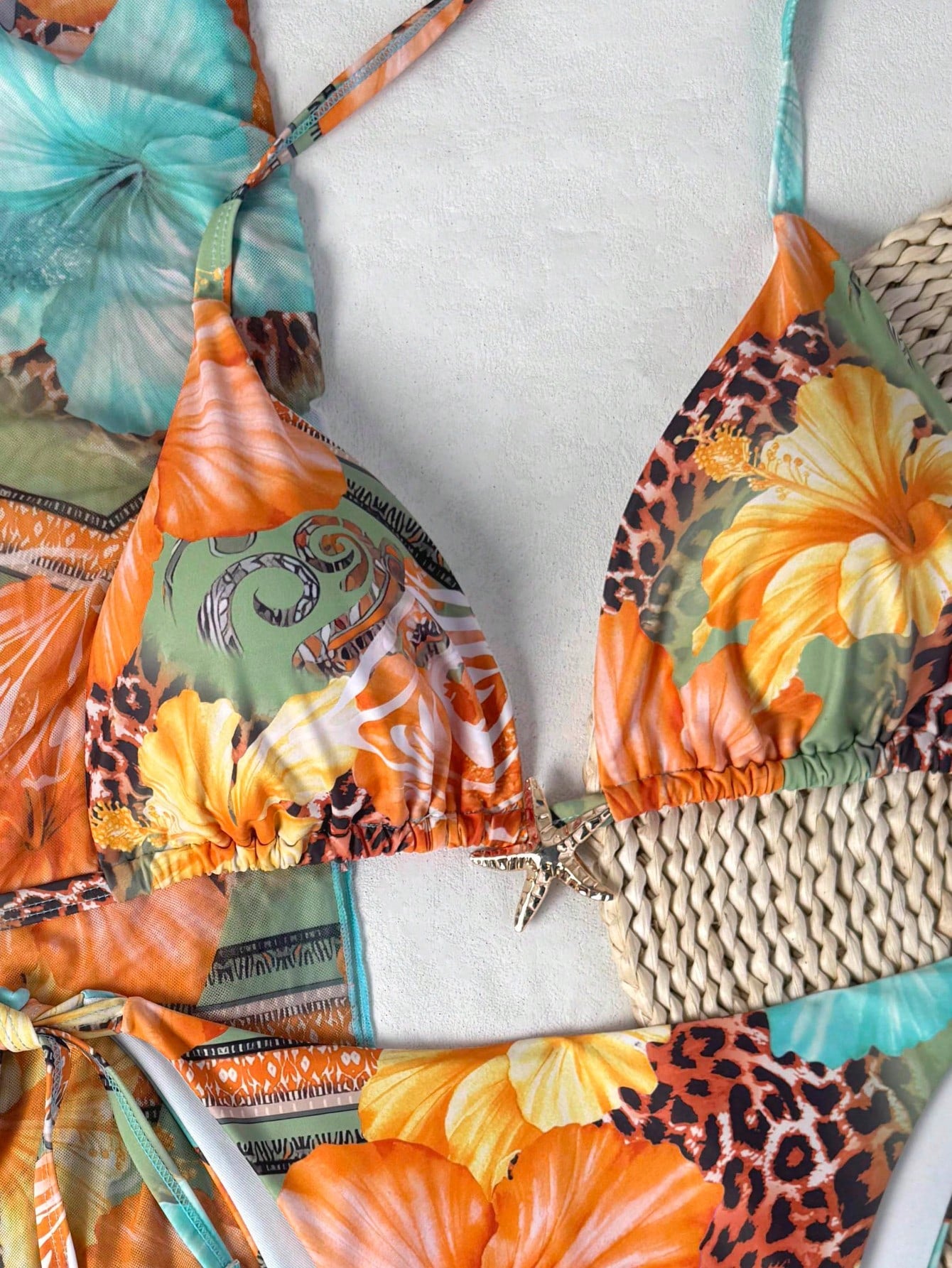 3pcs Plus Size Leopard Print Patchwork Sexy Swimwear Set, Metal Starfish Decor, Removable Padding, Women Summer Dress, Women Summer Clothing, Festival, Skirt, Ibiza Set, Women Swimwear, Bikini Set Vac