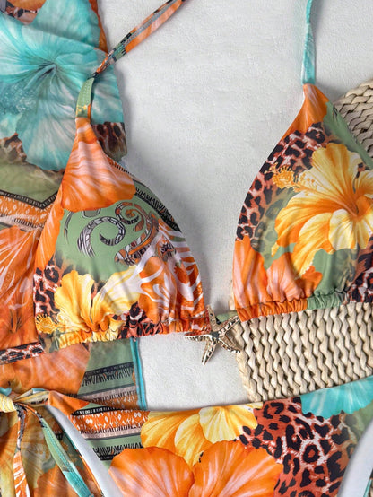 3pcs Plus Size Leopard Print Patchwork Sexy Swimwear Set, Metal Starfish Decor, Removable Padding, Women Summer Dress, Women Summer Clothing, Festival, Skirt, Ibiza Set, Women Swimwear, Bikini Set Vac