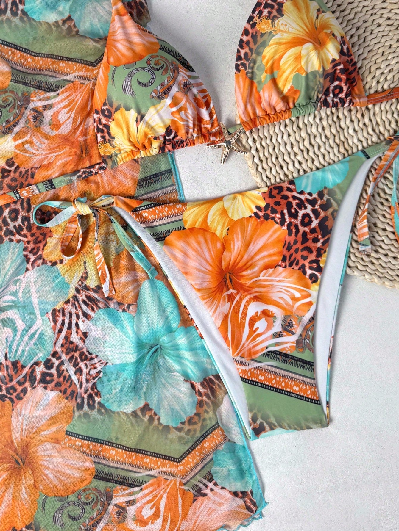 3pcs Plus Size Leopard Print Patchwork Sexy Swimwear Set, Metal Starfish Decor, Removable Padding, Women Summer Dress, Women Summer Clothing, Festival, Skirt, Ibiza Set, Women Swimwear, Bikini Set Vac