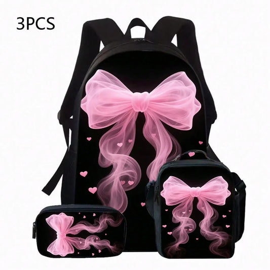 3pcs Polyester Backpack Set, Cute Pink Bow Ribbon Heart Print, Includes Durable Large-Capacity Bookpack & Insulated Lunch Bag & Multi-Functional Pencil Case, Adjustable Strap And Zipper Compartments F