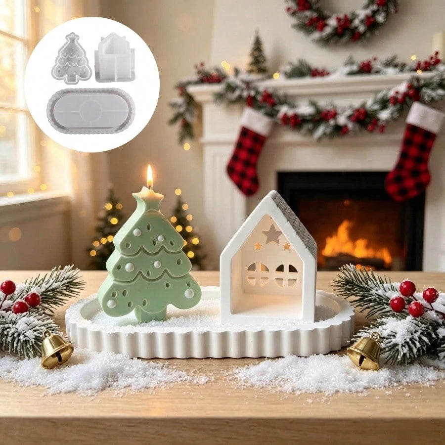 3pcs Resin Silicone Mold Christmas Star & Hollow Star House & Oval Tray Ornament Mold, Suitable For Making Epoxy Resin, Plaster, Candle, Aromatherapy Products, Home Decor Display Silicone Mold