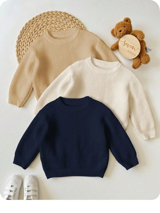 3pcs/Set Baby Boy Casual Loose Fit Round Neck Long Sleeve Sweater Outfit, Suitable For Autumn/Winter