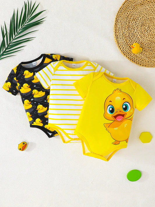 3pcs/Set Baby Boy Cute Duck Print Casual Bodysuits, Comfortable Easy-To-Wear Short Sleeve Summer Outfit Combos