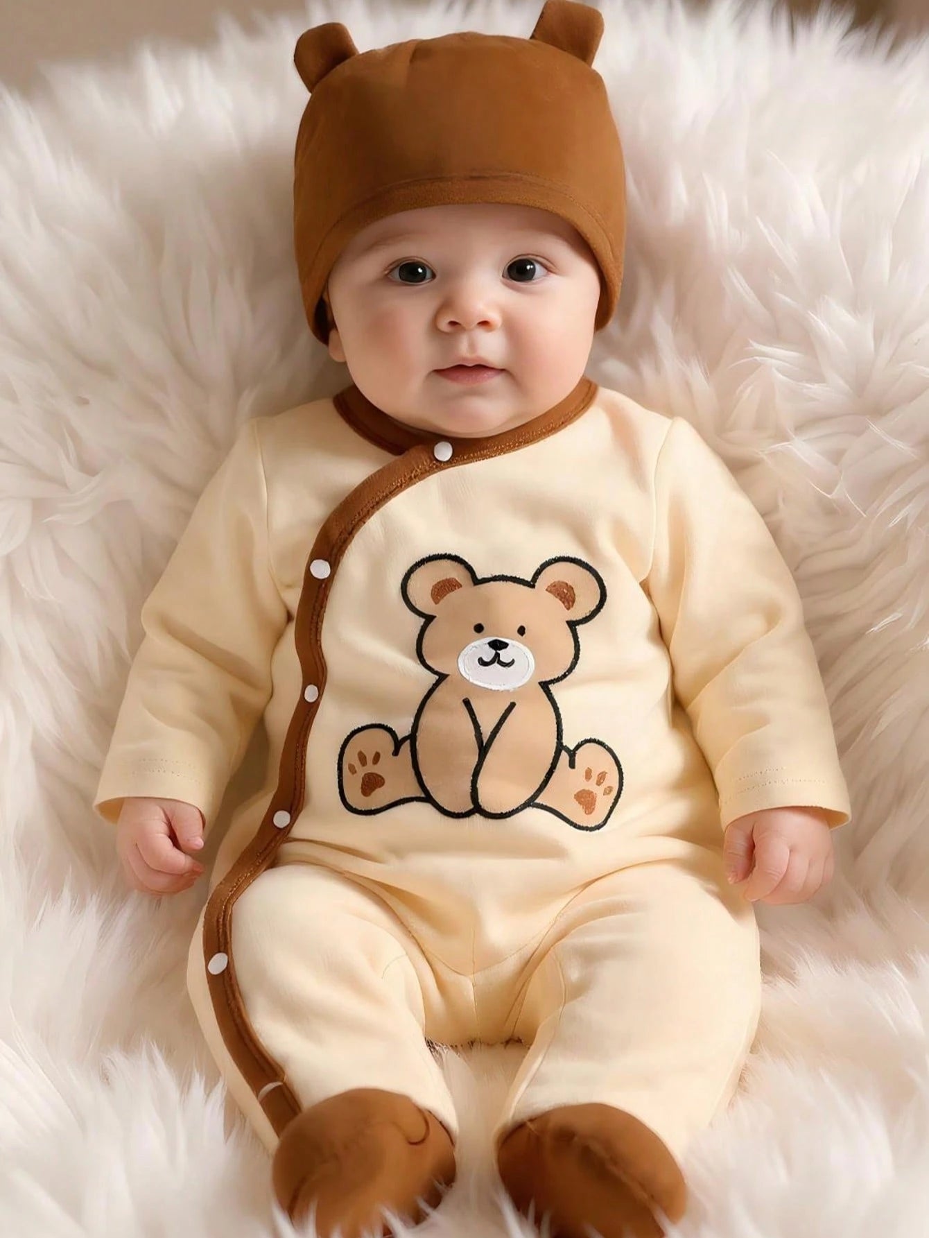 3pcs/Set, Baby Boy, Soft & Comfortable, Casual Fashionable Cute, Cartoon Bear Pattern Flocked Embroidery Asymmetric Button Contrast Color Romper Jumpsuit, 3D Hat & Bib, Baby Boy Clothing, Newborn Baby