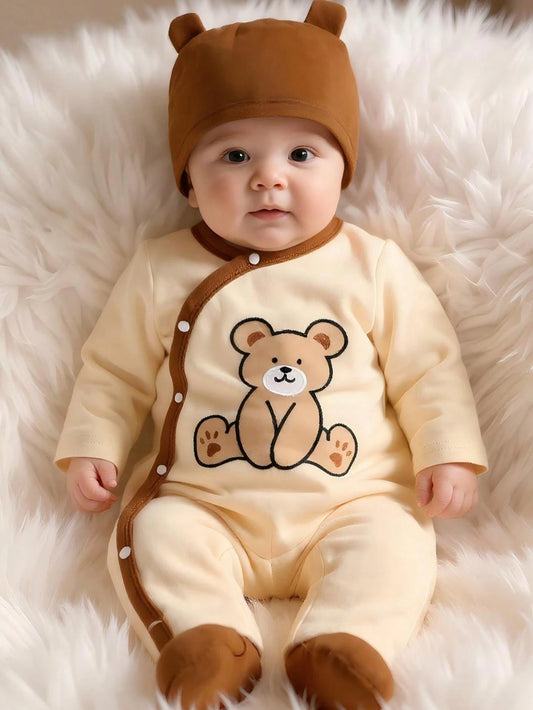3pcs/Set, Baby Boy, Soft & Comfortable, Casual Fashionable Cute, Cartoon Bear Pattern Flocked Embroidery Asymmetric Button Contrast Color Romper Jumpsuit, 3D Hat & Bib, Baby Boy Clothing, Newborn Baby
