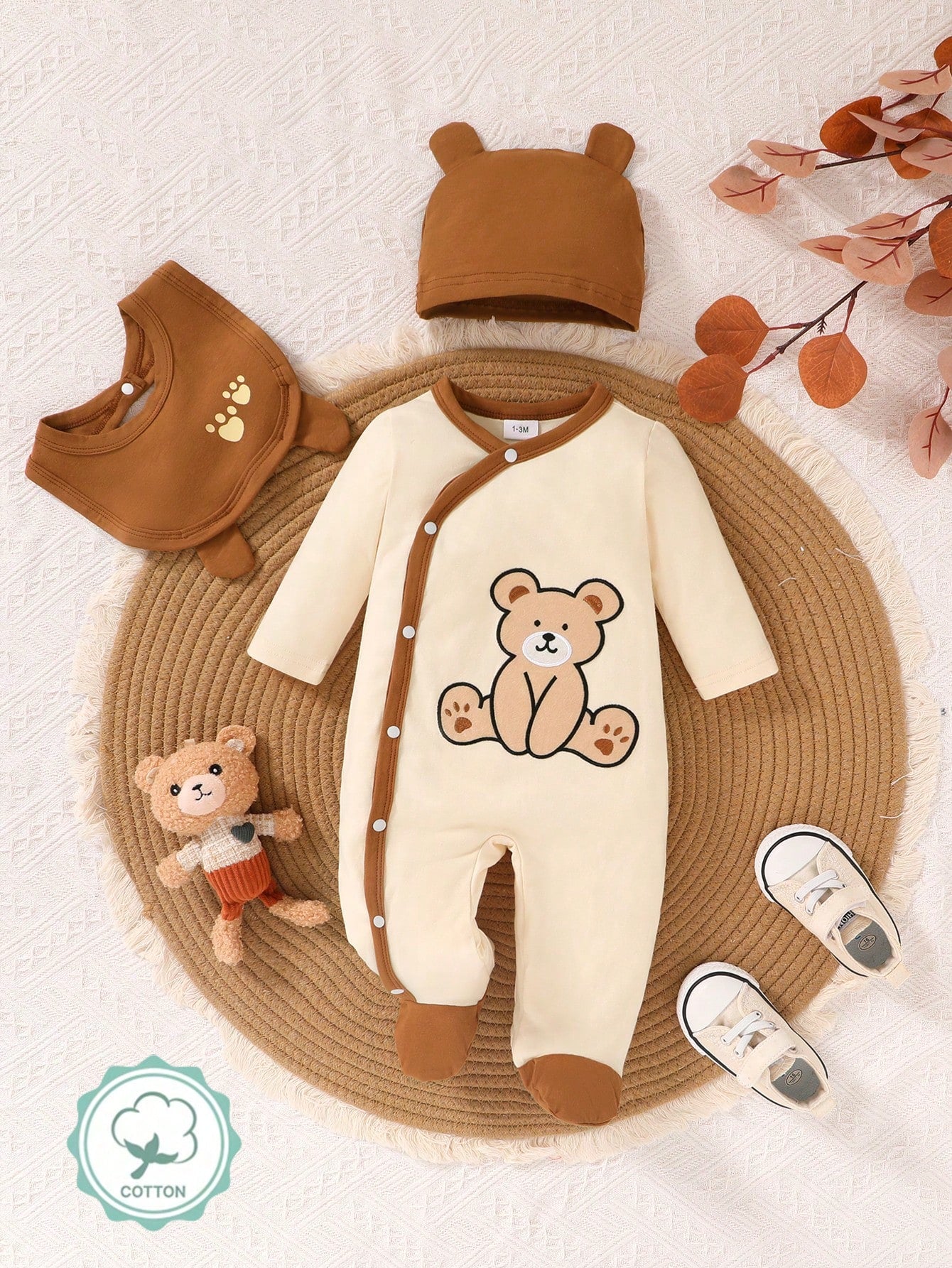 3pcs/Set, Baby Boy, Soft & Comfortable, Casual Fashionable Cute, Cartoon Bear Pattern Flocked Embroidery Asymmetric Button Contrast Color Romper Jumpsuit, 3D Hat & Bib, Baby Boy Clothing, Newborn Baby