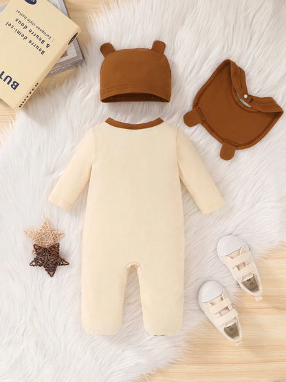 3pcs/Set, Baby Boy, Soft & Comfortable, Casual Fashionable Cute, Cartoon Bear Pattern Flocked Embroidery Asymmetric Button Contrast Color Romper Jumpsuit, 3D Hat & Bib, Baby Boy Clothing, Newborn Baby