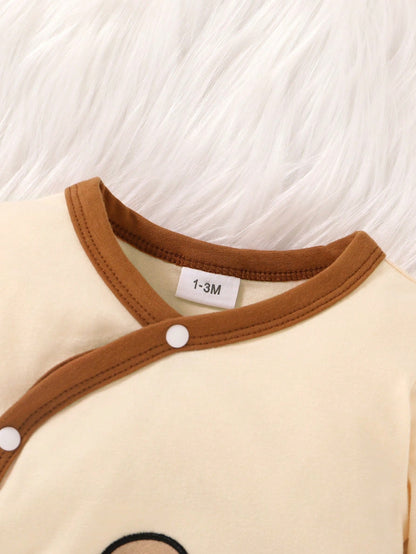 3pcs/Set, Baby Boy, Soft & Comfortable, Casual Fashionable Cute, Cartoon Bear Pattern Flocked Embroidery Asymmetric Button Contrast Color Romper Jumpsuit, 3D Hat & Bib, Baby Boy Clothing, Newborn Baby