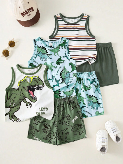 3pcs/Set Baby Boy White Summer Casual Cute Graphic Vacation Tank Tops,Dinosaur Pattern,Classic Striped,Street Style,Loose Comfortable,Versatile