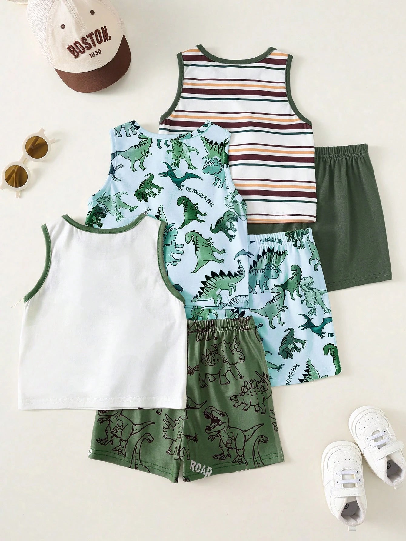 3pcs/Set Baby Boy White Summer Casual Cute Graphic Vacation Tank Tops,Dinosaur Pattern,Classic Striped,Street Style,Loose Comfortable,Versatile