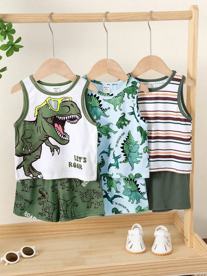 3pcs/Set Baby Boy White Summer Casual Cute Graphic Vacation Tank Tops,Dinosaur Pattern,Classic Striped,Street Style,Loose Comfortable,Versatile