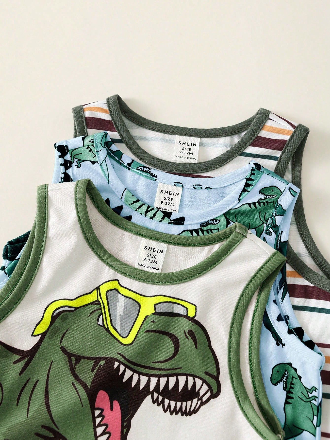 3pcs/Set Baby Boy White Summer Casual Cute Graphic Vacation Tank Tops,Dinosaur Pattern,Classic Striped,Street Style,Loose Comfortable,Versatile