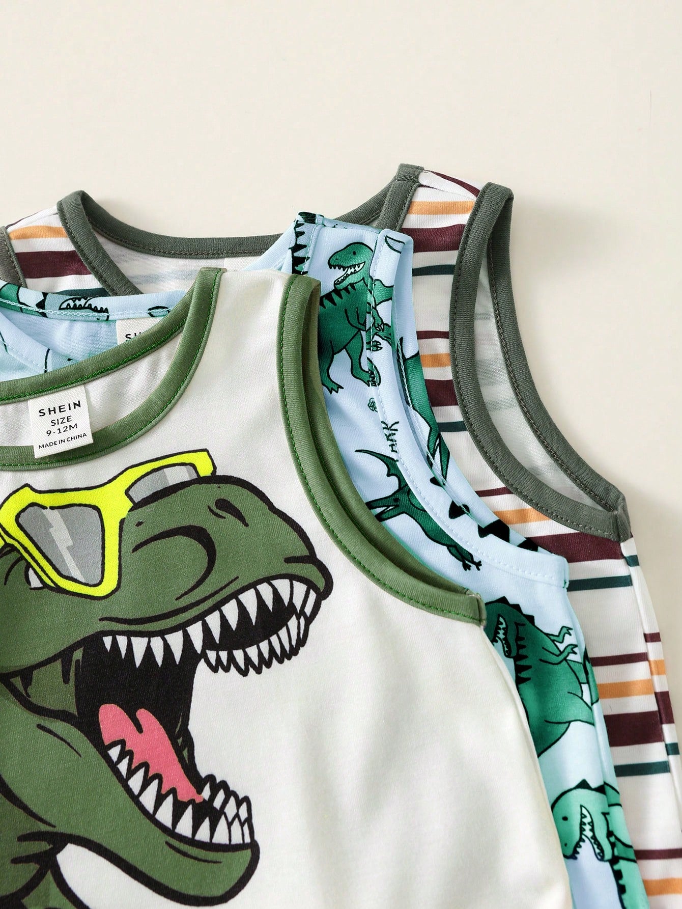 3pcs/Set Baby Boy White Summer Casual Cute Graphic Vacation Tank Tops,Dinosaur Pattern,Classic Striped,Street Style,Loose Comfortable,Versatile