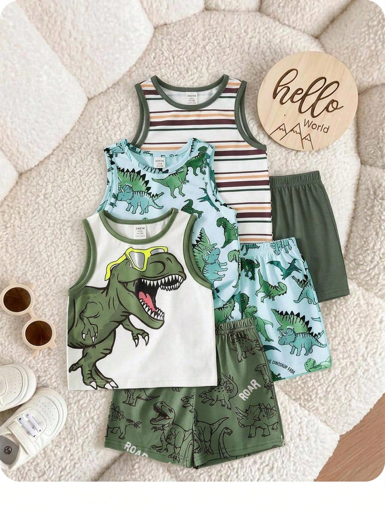 3pcs/Set Baby Boy White Summer Casual Cute Graphic Vacation Tank Tops,Dinosaur Pattern,Classic Striped,Street Style,Loose Comfortable,Versatile