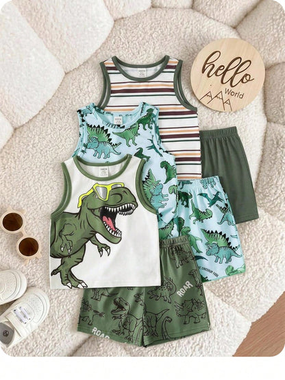 3pcs/Set Baby Boy White Summer Casual Cute Graphic Vacation Tank Tops,Dinosaur Pattern,Classic Striped,Street Style,Loose Comfortable,Versatile